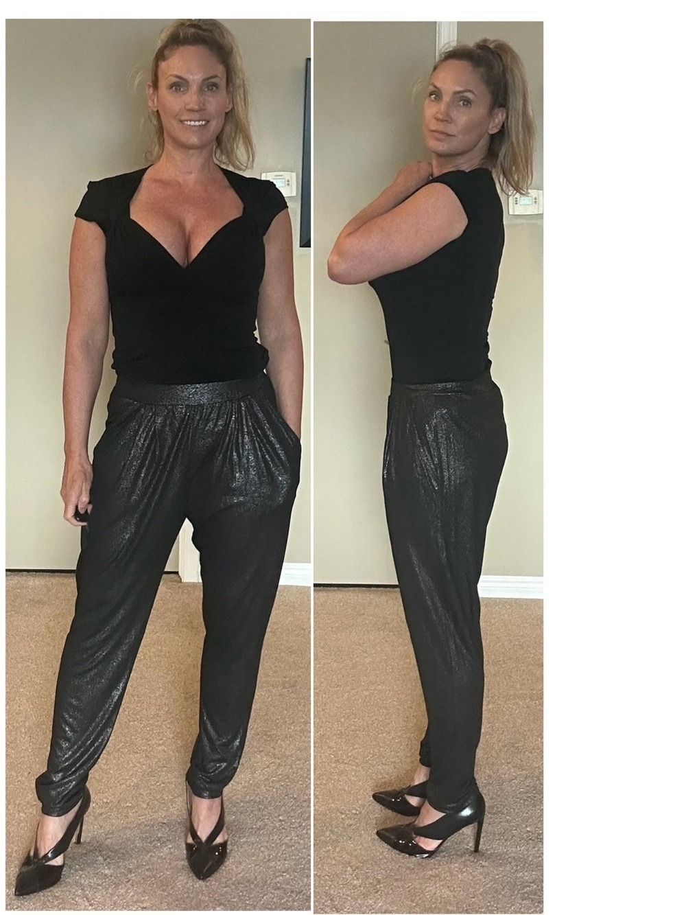 H&M divided black silver metallic stretchy harem pants pockets Sz M